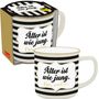 Schwarz-weiß gestreifte Tasse mit dem Text: "Älter ist wie jung. Nur cooler." in schwarzer und goldener Schrift.