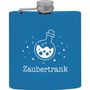 Text "Zaubertrank". Illustration: Runde Flasche mit Blubberblasen, umgeben von Sternen auf blauem Hintergrund.