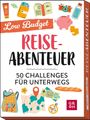 "Low Budget Reise-Abenteuer: 50 Challenges für unterwegs." Verschiedene Illustrationen wie Rucksack, Karte, Kompass, Kamera.