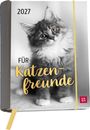 2027, Für Katzenfreunde. Ein grau-weißes Kätzchen blickt neugierig nach vorne. Kalender mit gelbem Band.
