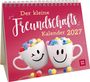 "Der kleine Freundschafts Kalender 2027" auf rosa Hintergrund. Zwei Tassen mit Gesichtern und bunten Bällchen.