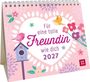 „Für eine tolle Freundin wie dich 2027.“ Buntes Design mit Vögeln, Blumen und Blättern, Kalenderformat.