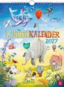 „Mein Wimmelsuchspaß Kinderkalender 2027“. Bunte Illustration mit Luftballon, U-Boot in Walform, Elefant, spielenden Kindern.