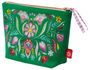 Grünes Täschchen mit bunter Blumenstickerei, Reißverschluss und rosa-weiß kariertem Band.