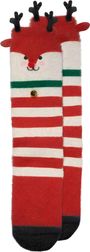 Weihnachtssocken mit Rentiergesicht, roten und weißen Streifen, grüner Linie, Glöckchen und Geweihen.