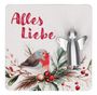 "Alles Liebe" in roter Schrift oben links. Illustration: Rotkehlchen auf Zweigen mit Beeren; silberner Engel rechts.