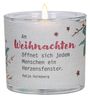 Text: „An Weihnachten öffnet sich jedem Menschen ein Herzensfenster.“ - Katja Heimberg. Motiv: Kerze mit weihnachtlichem Design.