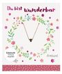 Oben: "Du bist wunderbar". Kreis aus Blumen, ein Armband in der Mitte. Links: "Edelstahl 14 Karat vergoldet". Unten: "Armband".