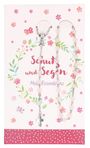 "Schutz und Segen. Mein Rosenkranz." mit Blumenkranz und Schmetterling. Rosenkranz mit Kreuz auf dekorativem Hintergrund.