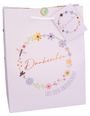 "Dankeschön" und "Lass dich überraschen!" mit Blumen- und Libellen-Kreis. Geschenkverpackung mit Etikett im ähnlichen Design.