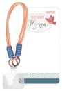 Text: "Folge deinem Herzen", "Handyband". Illustration: Rot-blauer Vogel. Objekt: Handyband in Rosa und Blau.
