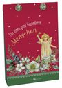 "Für einen ganz besonderen Menschen" steht in geschwungenen Buchstaben auf einer rot-grünen Geschenkverpackung mit Engel und Blumen.