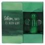 Text: "Schön, dass es dich gibt." Ein kleiner grüner Glasengel in einer Verpackung mit grünem Design.