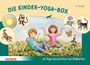 „DIE KINDER-YOGA-BOX“, „20 Yoga-Geschichten mit Bildkarten“. Zwei Kinder sitzen im Gras, umgeben von Tieren und Natur.