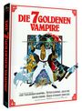 "Die 7 goldenen Vampire" in roter Schrift. Illustration: Kämpfer in weißem Anzug mit erhobenem Schwert, umgeben von Figuren.