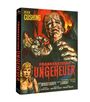 Text: "Frankensteins Ungeheuer", "Peter Cushing", "Peter Woodthorpe", "Duncan Lamont". Illustration: Monster und Personen vor Flammen.
