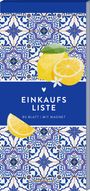 EINKAUFSLISTE, 80 BLATT MIT MAGNET. Oben Zitrone und Muster, unten Keramikfliesen-Design in Blau und Weiß.