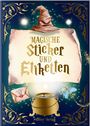 "Magische Sticker und Etiketten", Hölker Verlag. Ein Zauberhut, Pergament, goldener Kessel und mystische Symbole.