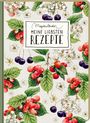 „Meine liebsten Rezepte“ in schwarzer Schrift. Illustration mit Kirschen, Blumen und grünen Blättern.