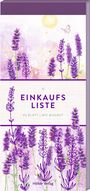 Text: "EINKAUFSLISTE, 80 BLATT MIT MAGNET". Lila Lavendel-Illustration mit Schmetterling und Sonne auf hellem Hintergrund.