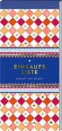 EINKAUFSLISTE, 80 BLATT | MIT MAGNET. Buntes Rautenmuster, goldene Sterne, blauer Streifen und bunte Borten.
