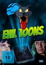 "Evil Toons" in grüner Schrift, Zeichnung eines grimmigen Wolfes mit roter Zunge, zwei Porträts, blauer Vollmond im Hintergrund.