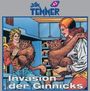 Illustration mit Text: "Jan Tenner 43" oben, "Invasion der Ginnicks" unten. Zwei Personen tragen freundliche, haarige Wesen.