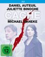 Text: "Daniel Auteuil, Juliette Binoche, Caché, Ein Film von Michael Haneke, FSK ab 12 freigegeben." Zwei Personen im Hintergrund.