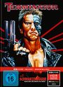 "Titel: TERMINATOR. FSK 16. Mit Arnold Schwarzenegger. Illustration: Mann teils Cyborg, rote Strahlen, Lederjacke."