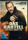 Text: „Kiefer Sutherland, DAS KARTELL, BROTHERS UNDER FIRE, FSK 16 beantragt.“ Mann mit Waffe, Hubschrauber im Hintergrund.