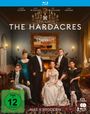 Oben stehen Namen; "The Hardacres", "Staffel 1". Eine elegante Gruppe in altmodischer Kleidung in einem prächtigen Raum.
