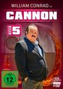 "CANNON Staffel 5, FSK 12 freigegeben, 6 DVD Video." Ein Mann in Anzug, ernster Blick, Hintergrund: Feuer und Metallstruktur.
