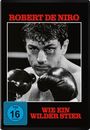 Oben steht "ROBERT DE NIRO", unten "WIE EIN WILDER STIER". Ein Boxer mit ernstem Blick und schwarzen Handschuhen.