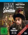 Text: "IWAN der Schreckliche", "Ein Kino-Zweiteiler von Sergej Eisenstein", "Nikolai Tscherkassow", "Beide Filmklassiker", "Teil I von 1944", "Teil II von 1945", "Special Edition", "FSK ab 12 freigegeben".

Beschreibung: Ein Mann in historischer Kleidung mit Pelzhut und Zepter, flankiert von reich gekleideten Personen.