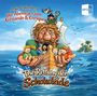 Titel: "Die Abenteuer von Fernando & Enrique: Die Rettung der Schokolade". Illustration: Piraten, ein großes Gesicht, Kinder im Boot.