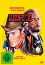 Oben „Eddie Constantine und Pierre Brasseur“, groß „Lucky Jo“. Zwei Männer, eine Frau in Cowboykleidung, gelber Hintergrund.