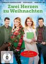 Titel: Zwei Herzen zu Weihnachten. Hallmark Channel Weihnachtsfilm. Vier lächelnde Personen im Winterwald.