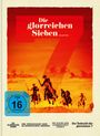 "Die glorreichen Sieben", FSK ab 16, Reiter in Westernstil, roter Hintergrund.