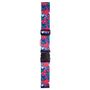 Text: "gedon". Kofferband mit buntem Blumenmuster in Pink, Lila und Blau. Kunststoffschnalle und pinkes Textilschild.