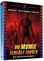 "Die Mumie schlägt zurück" steht in großen gelben Buchstaben. Eine bedrohliche Mumienfigur vor pyramidenartigen Silhouetten.
