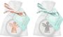 "Ich passe auf dich auf." Zwei Organza-Säckchen mit Engel-Illustrationen, rosa und mintgrün.