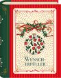 Text: "WUNSCHERFÜLLER." Illustration: Rote und grüne Verzierungen, Weihnachtskugel mit Blättern und roten Beeren.