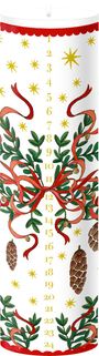 Zahlen 1 bis 24, goldene Sterne, rote Schleifen, grüne Zweige, Tannenzapfen, rote Verzierung oben und unten.