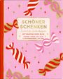 Texte: "SCHÖNER SCHENKEN", "Zauberhafte Geschenkpapiere", "Gift Wrapping Paper Book", "10 Bogen / Sheets 50 x 70 cm", "9 Geschenkanhänger / Gift Tags". Hintergrund: Rosa mit Zuckerstangenmuster.