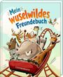 „Mein wuselwildes Freundebuch“ steht oben. Tiere fahren in einem roten Achterbahnwagen: Elefant, Giraffe, Hase und mehr.