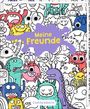 "Meine Freunde" auf lila Hintergrund. Viele bunte, fröhliche Monster mit großen Augen und unterschiedlichen Gesichtsausdrücken.