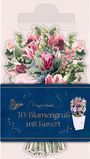 Text: "3D-Blumengruß mit Kuvert". Illustration: Ein Blumenarrangement mit roten und rosa Blüten, umgeben von grünem Laub.