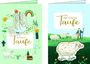 Links: "Zu Deiner Taufe" mit Taube und Engelsfigur. Rechts: "Alles Gute zur Taufe" auf grüner Wiese mit Schafen und Hirten.