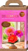 Text: "DIY-Blümchen aus Krepppapier. Inhalt: Krepppapier, Stiele, Falzbein, Kleber und Schablonen." 

Verpackung mit bunten Blumen.
