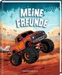 „MEINE FREUNDE“ steht in großen Buchstaben oben. Darunter ein rotes Monstertruck-Illustration vor jubelnder Menge.